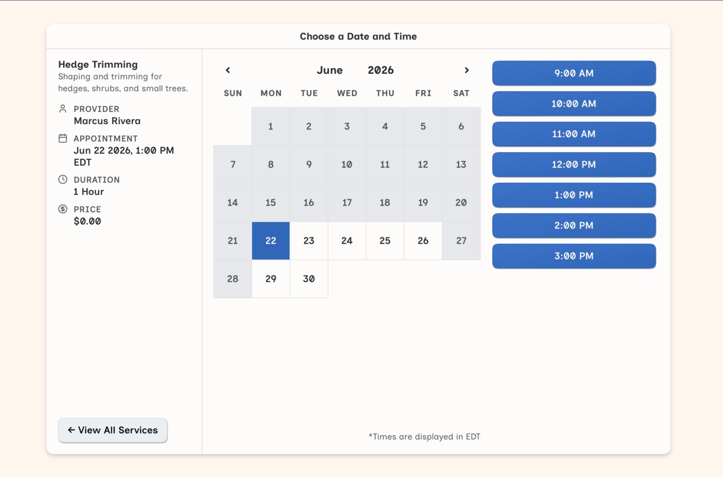 The Servetty booking page where a customer schedules a service online
